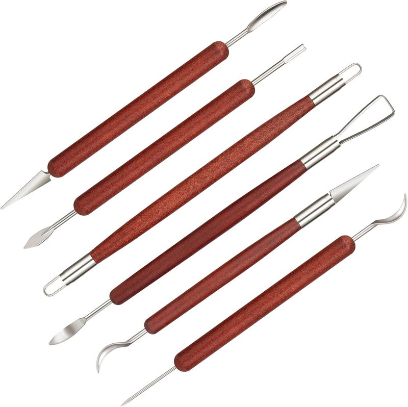Amrules Clay Tools Kit, 6 PCS Red Wooden Clay Sculpting Tools, Double Head Practical Polymer Tool Set Suitable for Adults, Pottery Craft, Carving, Modeling and Shaping - Image 1